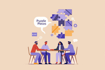 Teamwork and Collaboration Concept Illustration with People Solving Puzzle Together at a Table Business Strategy and Solution