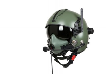 Olive Flight Helmet with Black Visor and Antenna Isolated on White Background