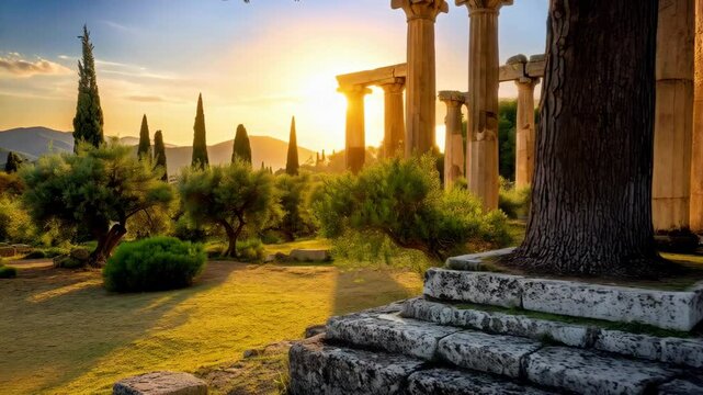 Sunlit ancient Corinth ruins amidst trees and mountains, featuring Doric columns, blue sky and lush greenery in a classical landscape.