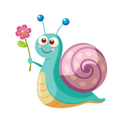 Cute Smiling Snail with Pink Flower: Adorable Cartoon Animal Illustration
