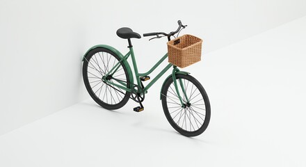 Olive Green Pixelated Bicycle with Woven Basket Leaning Against White Corner