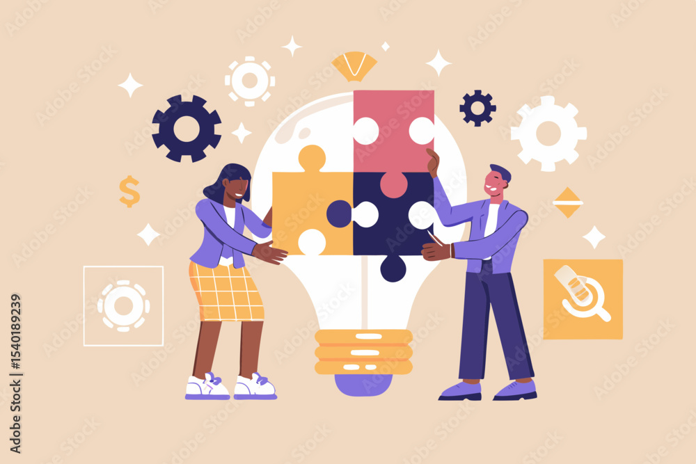 Poster teamwork and collaboration building a creative idea diverse people solving problems with puzzle piec