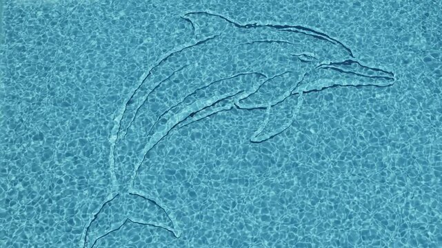 Strahlende Lichtreflektionen im erfrischenden Poolwasser mit Delphinsymbol am Grund, Symbolkraft, Sommerfeeling und visuelle Frische, Schwimmbad, Ferien, Urlaub, Sport, Hobby
