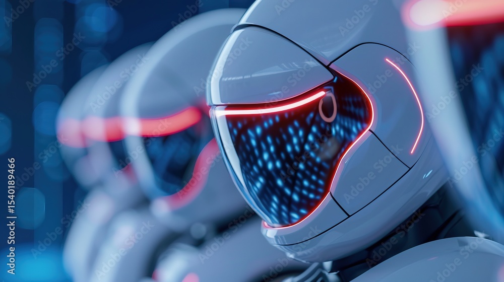 Poster innovative teamwork with ai robots in a futuristic workspace