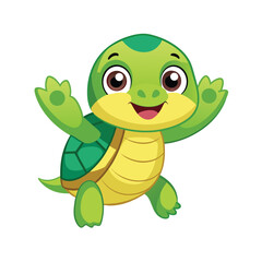 Cute Happy Baby Green Turtle Waving: Adorable Cartoon Animal Illustration