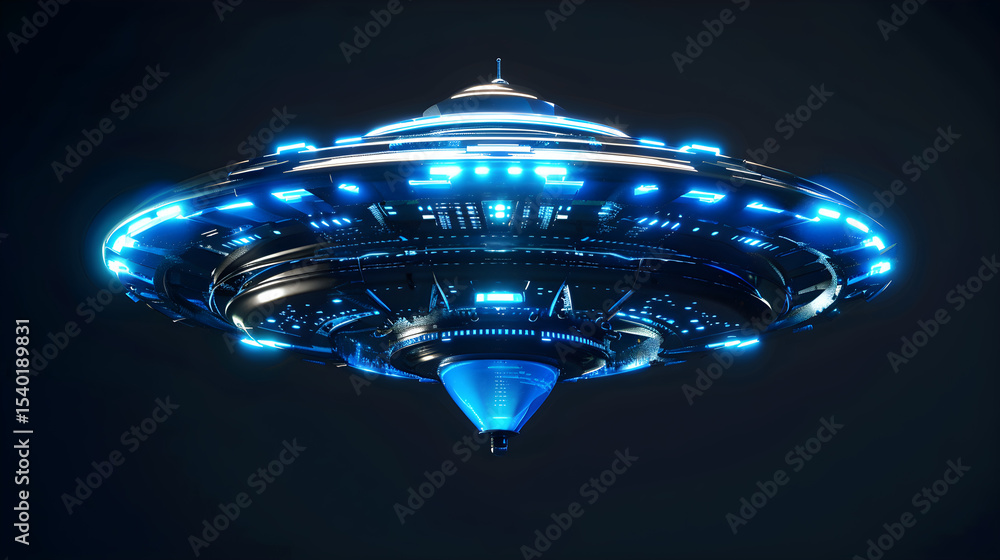 Poster illuminated ufo with blue lights hovering against a dark background in a futuristic design