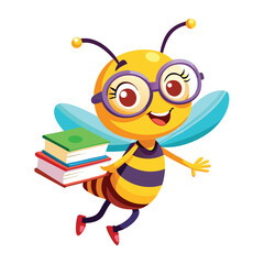 Cute Cartoon Bee with Glasses Carrying Books: Smart Insect Learning Illustration