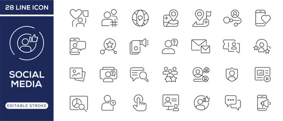 Social Media line editable icon set. Related social media, connection, networking, friends, comment, profile, like, share, and more. Editable stroke. 