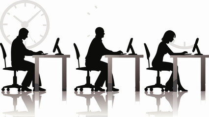 Silhouetted office workers at desks with computers and clocks in the background showing passing of time