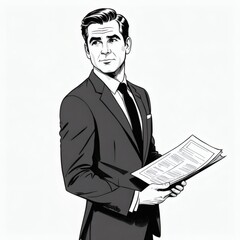 Male businessman holding newspaper in hands, black and white illustration