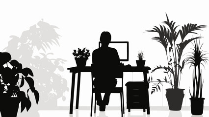 Silhouette of a person sitting at a desk with a computer and plants in pots around the room indoors