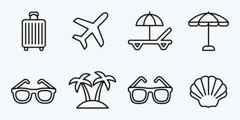 Vacation travel icons plane luggage sunglasses beach