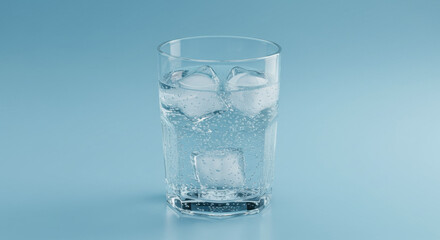 Sparkling Water Glass Ice Cubes Blue Background.