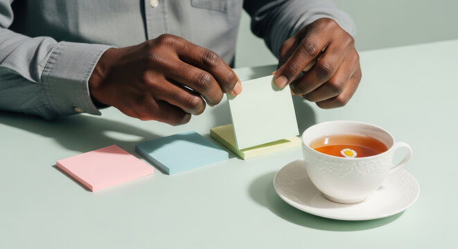 Man organizing colored sticky notes at desk beside cup of herbal tea with chamomile flower in minimalist workspace