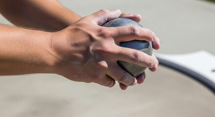 Athlete preparing to throw shot put outdoors, focusing on grip and hand positioning during sunny track and field event