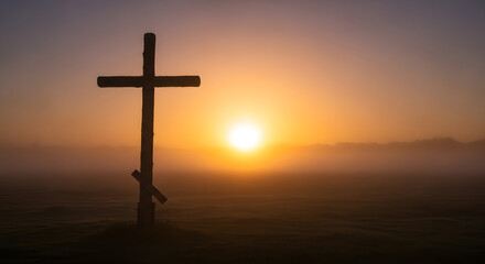Wooden Cross Silhouette at Sunrise Religious Symbolism, Spirituality, Easter, Dawn, Morning Light, Foggy Landscape.