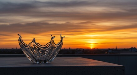 Glass Sculpture Silhouetted Against a Vibrant Sunset Over City Skyline