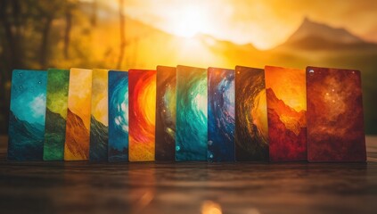 Row of colorful cards against a golden sunset backdrop