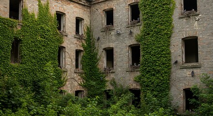 Fototapeta premium Abandoned Brick Building Covered in Lush Vines and Birds