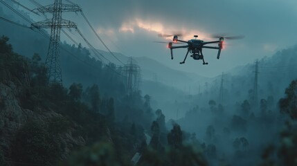 Futuristic drone flying through a misty mountain landscape at dawn