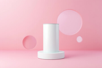 White cylinder on a pink pedestal against a pastel background