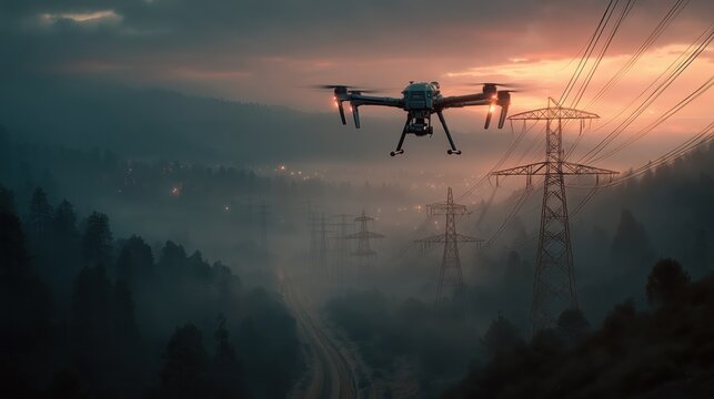 Drone flying near power lines in a foggy mountainous landscape