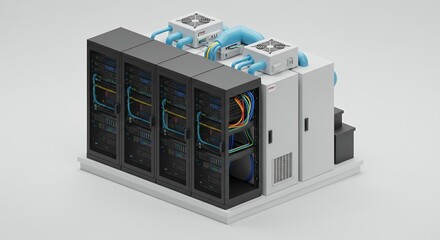 Fototapeta premium Pixel Art Server Room Render with Dark Gray Racks and White Servers on Plain Gray Background