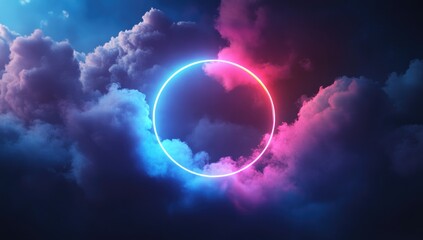 Neon circle framed by dramatic clouds