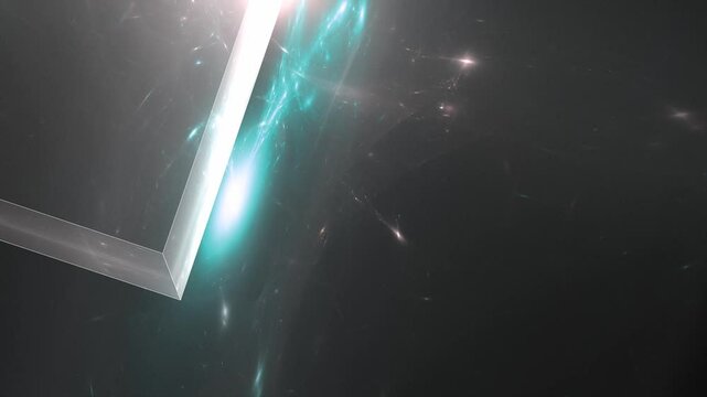 Faszinierender Weltraum mit riesigem 3D-Quader und gro&szlig;em hellen t&uuml;rkisen Stern &ndash; futuristische Raumfahrtvisualisierungen f&uuml;r Wissenschaft, Technik und Innovation, Ufo im Orbit
