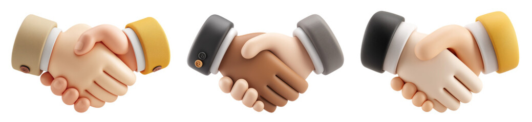Businessman's handshake 3d minimalist icon set isolated on transparent background.