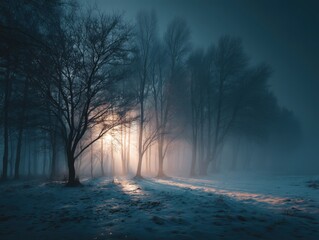 Winter Sunrise in Foggy Forest