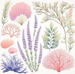 A Collection of Delicate Watercolor-Style Illustrations of Pastel Colored Sea Flora and Fauna Featu Coral Flowers and Leafy Branches Perfect for Art