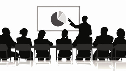 Silhouette of a presenter pointing to a pie chart on a whiteboard with audience members in attendance