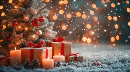Christmas tree with glowing lights, red ornaments, and gift boxes in snow with candles and falling snowflakes on a festive bokeh background. Holiday atmosphere.