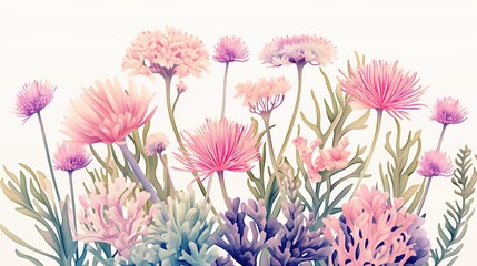 Vibrant watercolor illustration of pink and purple flowers and delicate coral in a whical underwater floral arrangement, ideal for artistic inspirations