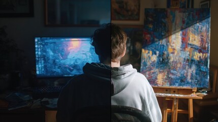 Young Artist Working on Digital and Traditional Art