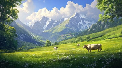 Naklejka premium Picturesque alpine valley with cows