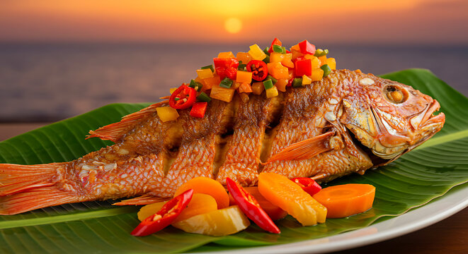 Jamaican Escovitch Fish. fried red snapper topped with pickled carrots, scotch bonnet peppers, and pimento berries 