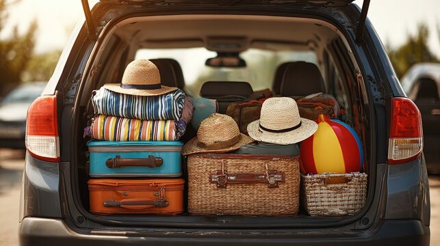 Open car trunk filled with luggage suitcases hats and beach ball ready for a summer vacation trip on transparent background