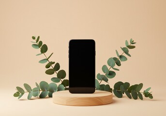 Minimalist Smartphone Display Against a Beige Background with Eucalyptus Branches