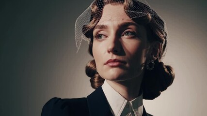 a cinematic portrait of a noble 1940s woman resembling Ingrid Bergman, wearing an elegant vintage hat and a classic tailored suit