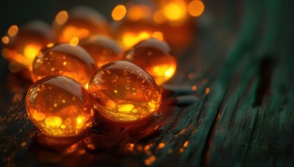 Golden orbs, glowing amber light, dark wood background
