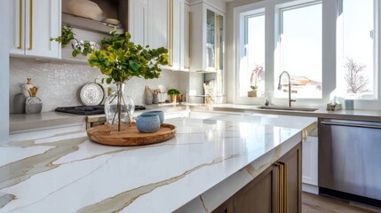 gold veined counter top quartz in modern kitchen
