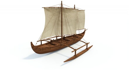 Polynesian Double Hulled Canoe in 3D Rendering Isolated on White Background with Detailed Wood Texture and Tall Off White Sails
