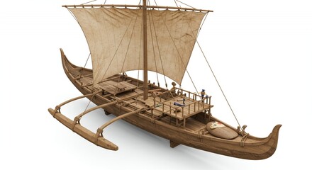 Polynesian Double Hulled Sailing Vessel in Wooden Craft Against White Background