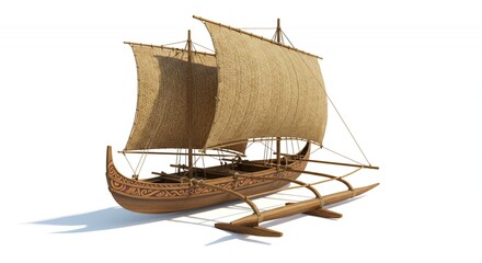 Polynesian Double Hulled Canoe in Pixel Art on Isolated White Background