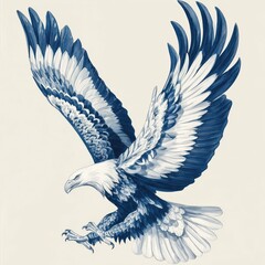 Stylized Illustration of a Majestic Bald Eagle in Flight in Shades of Blue and White on a Soft Cream Background for Artistic Decor and Prints