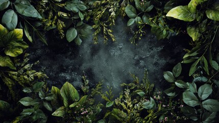 plant foliage background around room for copy. dark olive in color