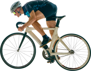 Focused male athlete leans forward on white racing bicycle, pushing intensity in sprint posture for competitive performance. Concept of speed, sport, competition, cycling, training.