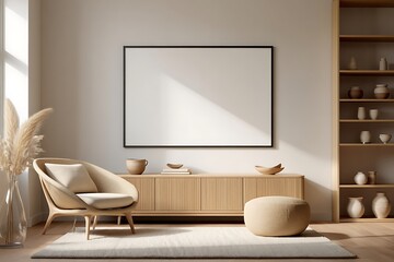 Beige Modern Living Room Interior Design Featuring a Large Blank Canvas Artwork Above a Light Wood Media Console with a Cream Woven Armchair and a Round Beige Ottoman Rug and Pampas Grass in a